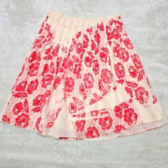 Free People ✦ Pleated Floral Midi Skirt ✦ Beige Cotton Red Print Size 2 - Picture 3 of 11